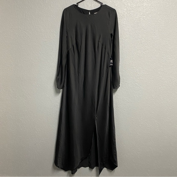 NEW EXPRESS $98 BLACK SATIN LONG SLEEVE ASYMMETRICAL HEM MAXI DRESS SIZE LARGE - Picture 4 of 12